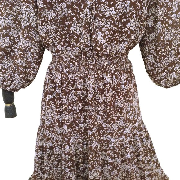 Vintage 90s Flower&Feather Prairie Dress -L Floral Tiered Ruffles Keyhole Brown - Picture 4 of 11